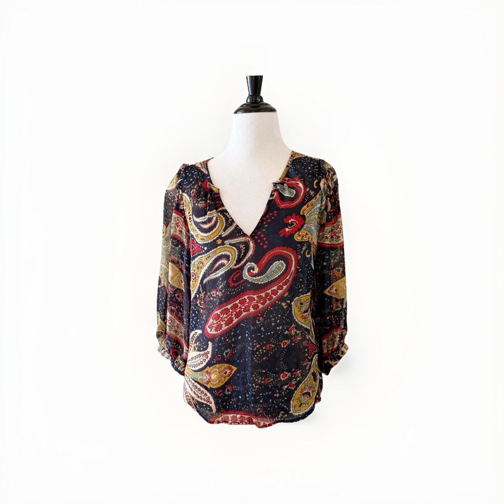 ANTHROPOLOGIE Top Size XS Velvet by Graham & Spencer Paisley Print Knit Blouse - Picture 2 of 12